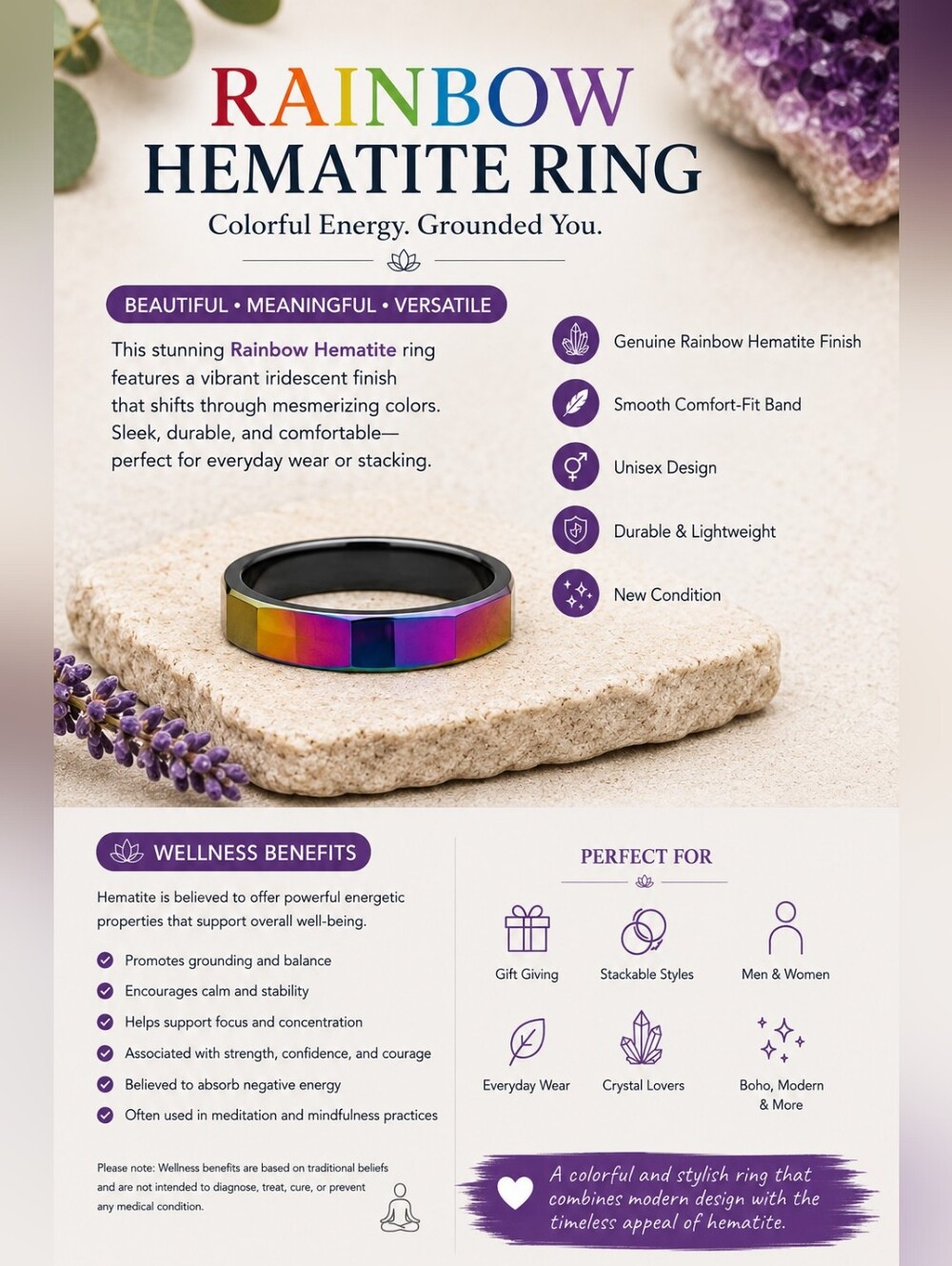 Rainbow Hematite Ring — Iridescent Multi-Color Comfort-Fit Flat Side